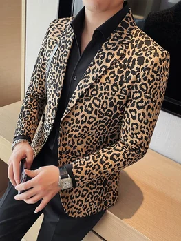 Новый модный мужской пиджак с леопардовым принтом для вечеринок, Приталенные дизайнерские повседневные блейзеры для хай-стрит, Топы, верхняя одежда в британском стиле