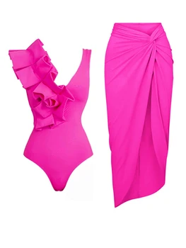 Розовые купальники с высокой талией 2023, женский сексуальный цельный купальник с рюшами, роскошный комплект бикини с контролем живота, однотонный пляжный комплект бикини