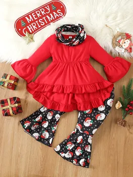 Рождественский наряд для девочек от 1 до 6 лет, рождественская одежда для малышей, футболки с длинными рукавами, топ-платье с принтом Санта-Клауса, расклешенные брюки, шарф