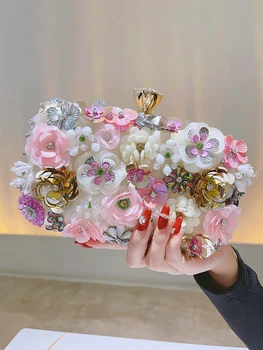 Вечерняя сумочка с 3D бисером в виде цветка, элегантная сумочка-клатч в виде коробки, женские свадебные сумочки для выпускного вечера