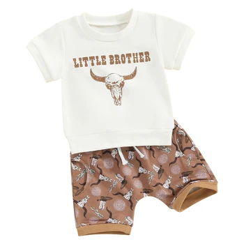 Летняя одежда в западном стиле для маленьких мальчиков, футболка с короткими рукавами и принтом коровы, повседневные ковбойские шорты, комплект