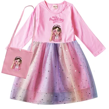 Платье Mis Pastelitos Детское свадебное платье с блестками для маленьких девочек, платья с длинными рукавами и маленькой сумочкой, подарки на день рождения, Vestidos