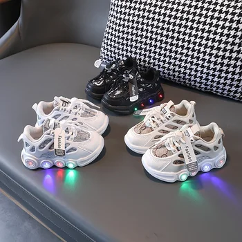 Кроссовки, Детская Модная обувь со светодиодной подсветкой, Дышащая сетка с надписью 1-6 лет, Светящаяся обувь, Повседневная спортивная обувь, Обувь для мальчиков