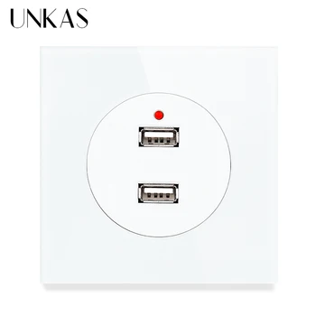 Двойной USB-порт для зарядки UNKAS, выход 5V 2.4A, Гнездо светодиодного индикатора 86 * 86 мм, панель из закаленного хрусталя, Розетка из черного белого золота