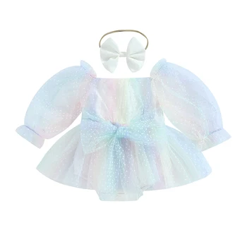 Летний комбинезон для маленькой девочки с милым Длинным пышным рукавом, квадратным вырезом и принтом в горошек, Боди для новорожденных, Сказочное платье из тюля