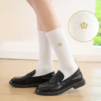 Женская трубка с вышивкой в виде короны в стиле японского колледжа, однотонные универсальные носки для голени JK, облегающие носки Fe