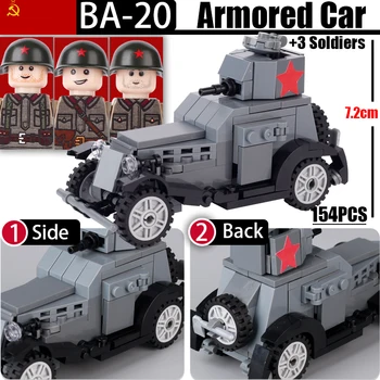 MOC WW2 Soivet BA-20 Модель бронированного автомобиля, набор строительных блоков, военный танк, сцена войны, Солдаты, армейские фигурки, Оружие, Кирпичи, игрушки