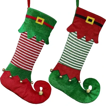 Новогодние Рождественские носки Красно-Зеленый Эльфийский подарочный носок Рождественский полосатый чулок-колокольчик Украшение Рождественской елки для дома Рождественский подарок