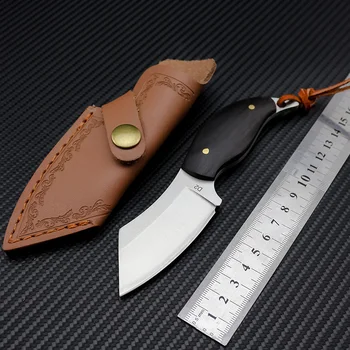 Мини-нож с фиксированным лезвием из нержавеющей стали D2 с кожаным чехлом, нож с небольшим зазором, походный нож, ручка из черного дерева