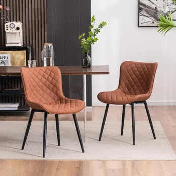 Набор коричневых обеденных стульев из 2 современных стульев для гостей середины века из искусственной кожи с ромбовидной обивкой и задними металлическими ножками
