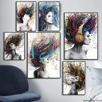 Абстрактное настенное искусство, цветные волосы, женщина, холст, рисунок, слушающая музыку, плакат и принты для домашнего декора гостиной
