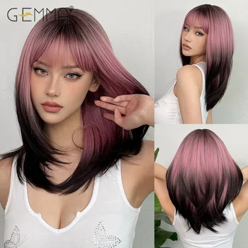 Синтетический черный Розовый длинный прямой многослойный парик с челкой для женщин, розовый парик для косплея средней длины, термостойкие волосы