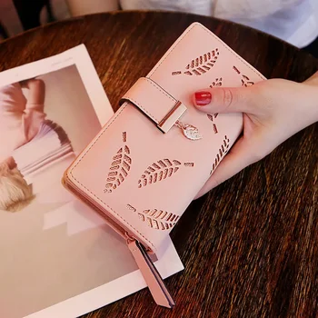 Модный высококачественный женский кошелек в корейском стиле, длинный клатч с полыми листьями, кошелек на молнии и пряжке, женская сумка, многослойный кошелек с несколькими картами