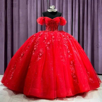 Lorencia Princess Красное Пышное платье 2024 Бальное Платье С Цветочной Аппликацией, Кружевом и Бисером, Мексика, Сладкое 16 Vestidos De 15 Años YQD521