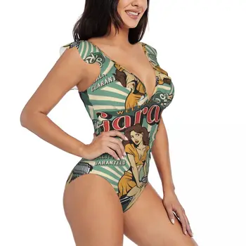 Женский Винтажный рекламный плакат с изображением девушки в стиле Пин Ап, цельный купальник, Сексуальный купальник с рюшами, Летняя пляжная одежда, купальник для похудения
