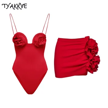 Женский купальник TYAKKVE, однотонная красная пляжная одежда 2024, Сексуальные цельные купальники, юбка, Винтажный летний купальник с рюшами Пуш-ап, платье для купания
