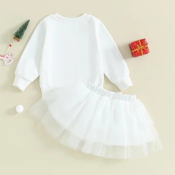 Комплект одежды из 2 предметов для маленьких девочек, Рождественская толстовка с длинными рукавами и фатиновой юбкой с принтом снеговика, осенняя одежда для малышей