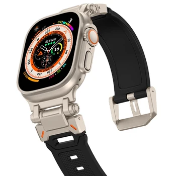 Силиконовый Ремешок Для Apple Watch Ultra 2 Band 49 мм 45 мм 44 мм 42 мм Прочный металлический + резиновый Браслет correa iWatch Series 9 6 5 4 7 8 SE