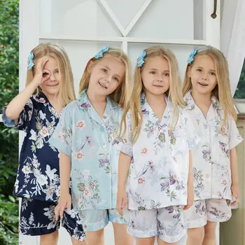 Комплект детской пижамы, короткая пижама с цветочным рисунком, атласная шелковая пижама для девочек-цветочниц, домашняя одежда, пижамные шорты 