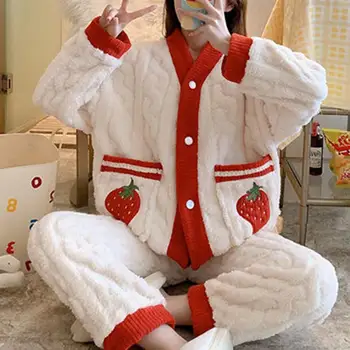 Зимний женский пижамный комплект Cute Peach Coral Velvet Brand Woman, домашний теплый костюм из 2 предметов, пуговицы и широкие брюки
