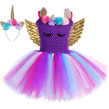 Комплект платья-пачки с единорогом для девочек, фиолетовые цветы, Тюлевое платье принцессы на День рождения, детский костюм для косплея на Хэллоуин, Детская одежда