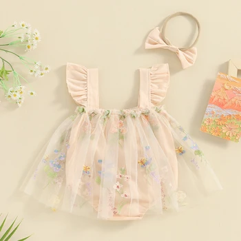 Комбинезон для маленьких девочек с вышивкой в виде цветов и бабочек, Сетчатый тюль с рукавами-фонариками, боди для малышей, летняя одежда, комбинезоны с повязкой на голову