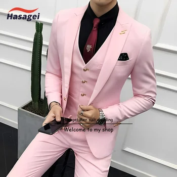 Розовый мужской костюм, деловой строгий пиджак, брюки, жилет, комплект из 3 предметов, тонкий дизайн, свадебный смокинг, одежда жениха