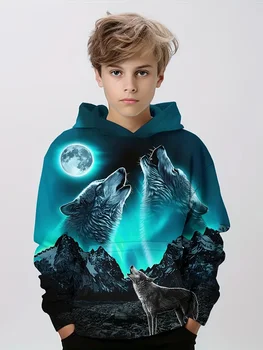 Новый модный повседневный пуловер с 3D принтом Moonlight Wolf для мальчиков, толстовка с капюшоном и длинными рукавами на весну-осень, детские топы с капюшоном на открытом воздухе