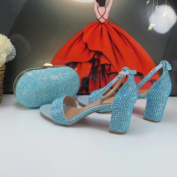 Лето синий Кристалл свадебные туфли и сумочка мода женщин толстый каблук вечерние сандалии и сумка женский лодыжки ремень
