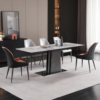 Садовый Итальянский минималистичный обеденный стол из каменной плиты, Современные простые обеденные столы и стулья класса люкс для домашнего использования, Комбинированная мебель