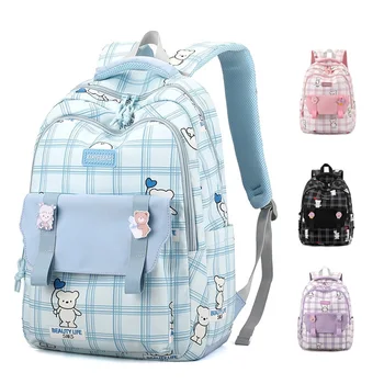 Простой клетчатый рюкзак для девочек, Школьная сумка для девочек средней школы, Школьные сумки для учащихся начальной школы 3-6 классов, Сумка для книг