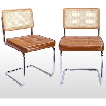 Стулья с акцентом из искусственной кожи, обитые ворсом, обеденные стулья из ротанга, комплект из 2 стульев из тростника с сетчатой спинкой без подлокотников, коричневого цвета
