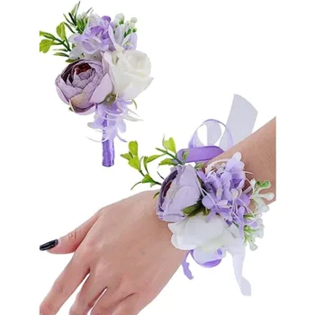1Шт Цветок на запястье или корсаж Искусственный Фиолетовый Пион Белая роза для жениха Невесты Декор свадебной вечеринки