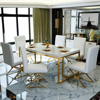 Легкая роскошная мраморная столешница простая титаново-золотая прямоугольная рисовая столешница небольшой бытовой обеденный стол из нержавеющей стали