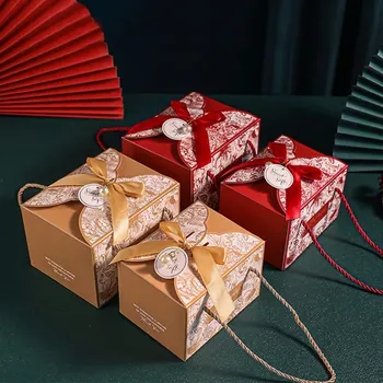 10/50 шт Роскошная китайская красная портативная коробка конфет, подарочная коробка для помолвки, подарочная коробка для конфет, креативный бант, подарочная сумка для гостей на свадьбу