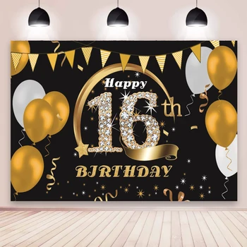 Черный Золотой 16-й фон Воздушные шары Мальчики Девочки 16 лет День рождения Индивидуальный Фон для фото Декор стола для торта