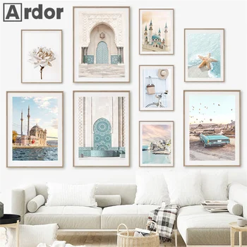Исламская архитектура, Дверные плакаты из Марокко, Пляж, Автомобиль, Морская звезда, Настенное искусство, холст, картина в скандинавском стиле, декор гостиной