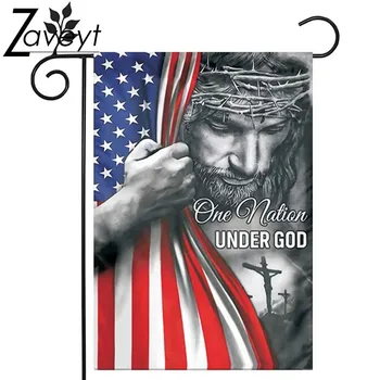 Одна нация под Божьим садовым флагом, Христианский Иисус, США, Двухсторонние льняные садовые флаги, декор для дома и двора, 12x18 дюймов, 4 июля