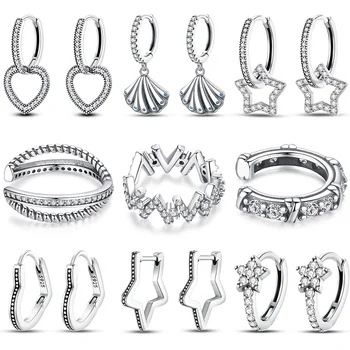 Очаровательные серьги-кольца из 100% стерлингового серебра 925 пробы с двойным обручем для женщин, серьги-гвоздики Pave CZ, Зажим для ушей, Подарок на годовщину помолвки, ювелирные изделия