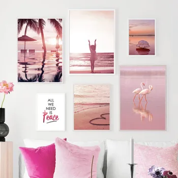 Розовый океан, пляж с фламинго, Кокосовая пальма, настенное искусство, холст, плакаты на скандинавскую тему и принты, настенные картины для декора гостиной