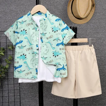 PatPat Комплект из 2 предметов, рубашка с короткими рукавами и однотонных шорт с рисунком динозавра для мальчика, комплект из 2 предметов