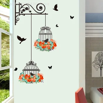 Красочный цветок, птичья клетка, летающие птицы, наклейка на стену, креативный домашний декор, наклейки для гостиной, обои, декор окна в спальне, детской комнате