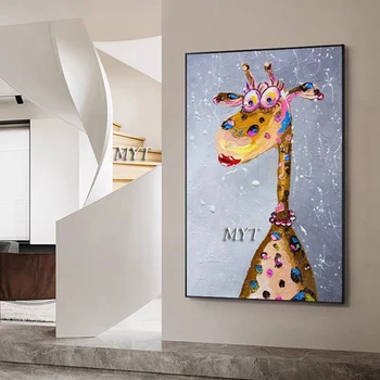 Картинки для детской комнаты Забавный мультфильм о животных с жирафом Картина маслом ручной работы Акрил Современное искусство Украшение интерьера