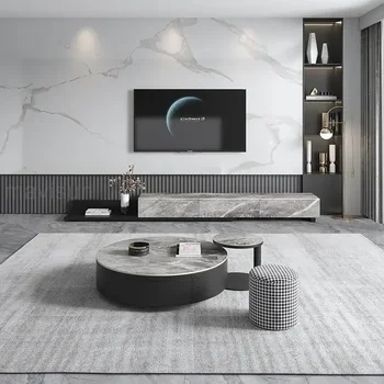 Роскошная каменная доска, высококачественный серый круглый чайный столик, выдвижной шкаф для телевизора, комод для хранения в гостиной, комбинация выдвижных ящиков