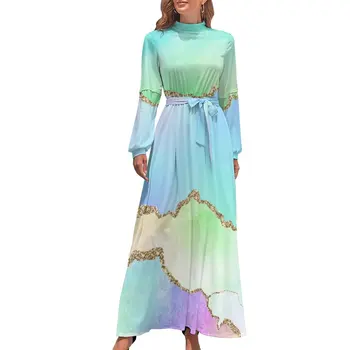 Мраморное платье омбре с высокой талией и золотым металлическим принтом, платья в богемном стиле на заказ, эстетичное длинное платье Макси с длинным рукавом, элегантная одежда