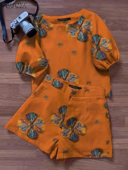 ZANZEA / Женские костюмы с цветочным рисунком, летние спортивные костюмы, блузка в богемном стиле и шорты с высокой талией, комплекты для работы, повседневные праздничные брючные костюмы