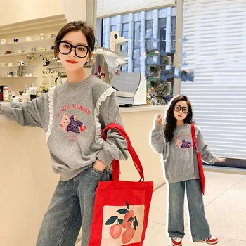 Пуловер Baer с героями мультфильмов для девочек, Корейский весенне-осенний детский топ с круглым вырезом и кружевной надписью для девочек-подростков, универсальная толстовка