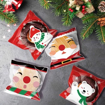 100шт Рождественский пакет для конфет и печенья, Пластиковая Самоклеящаяся Подарочная упаковка для закусок 2023, Украшение рождественской вечеринки на Рождество и Новый год