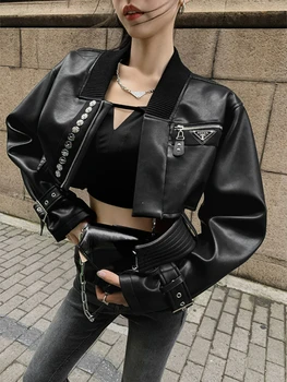 Укороченная куртка из черной кожи в корейском стиле, женская куртка с длинным рукавом, свободная Повседневная Шикарная байкерская куртка 2023, осенняя Женская уличная одежда, Шикарные топы