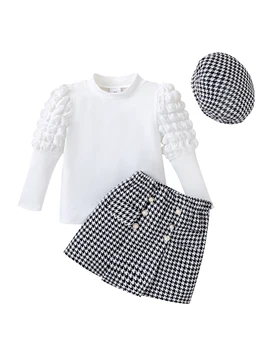 Комплект зимней одежды для маленькой девочки, уютный свитер с длинным рукавом, юбка в клетку, шапка с помпоном - Комплект одежды из 3 предметов